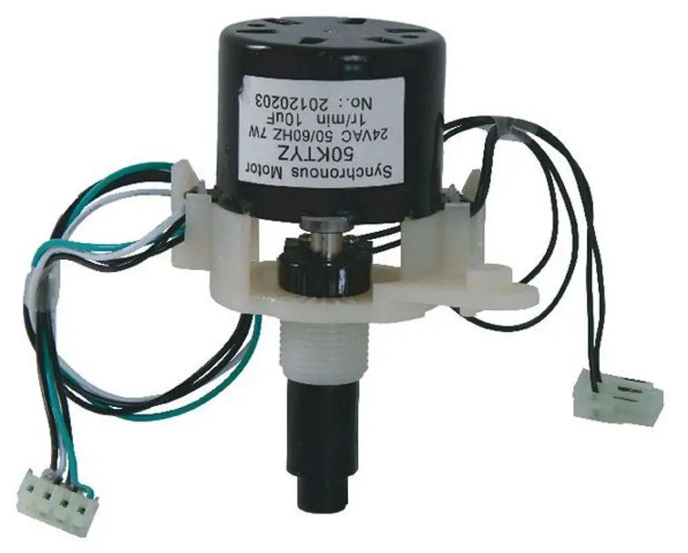 Elektrischer Motor von Syr mit mehreren Kabeln zur Verbindung. Der Motor hat eine schwarze Kappe und eine zentrale Achse, die auf eine Kunststoffbasis montiert ist.